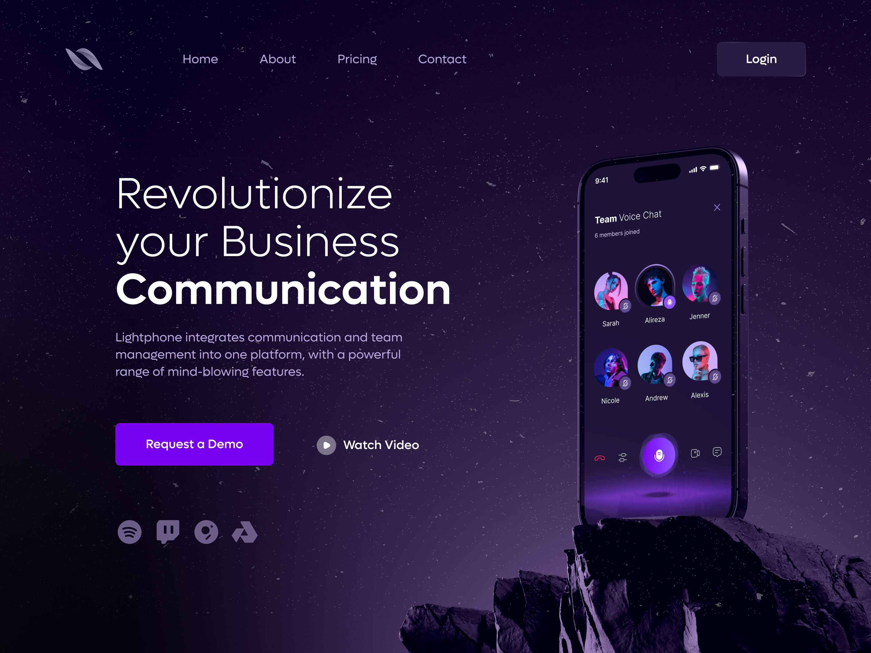Lightphone - Team Communication App app app design business calls collaboration communication contacts conversation dark theme landing meetings messenger microphone neon neon app recording team team management app voice chat voip
