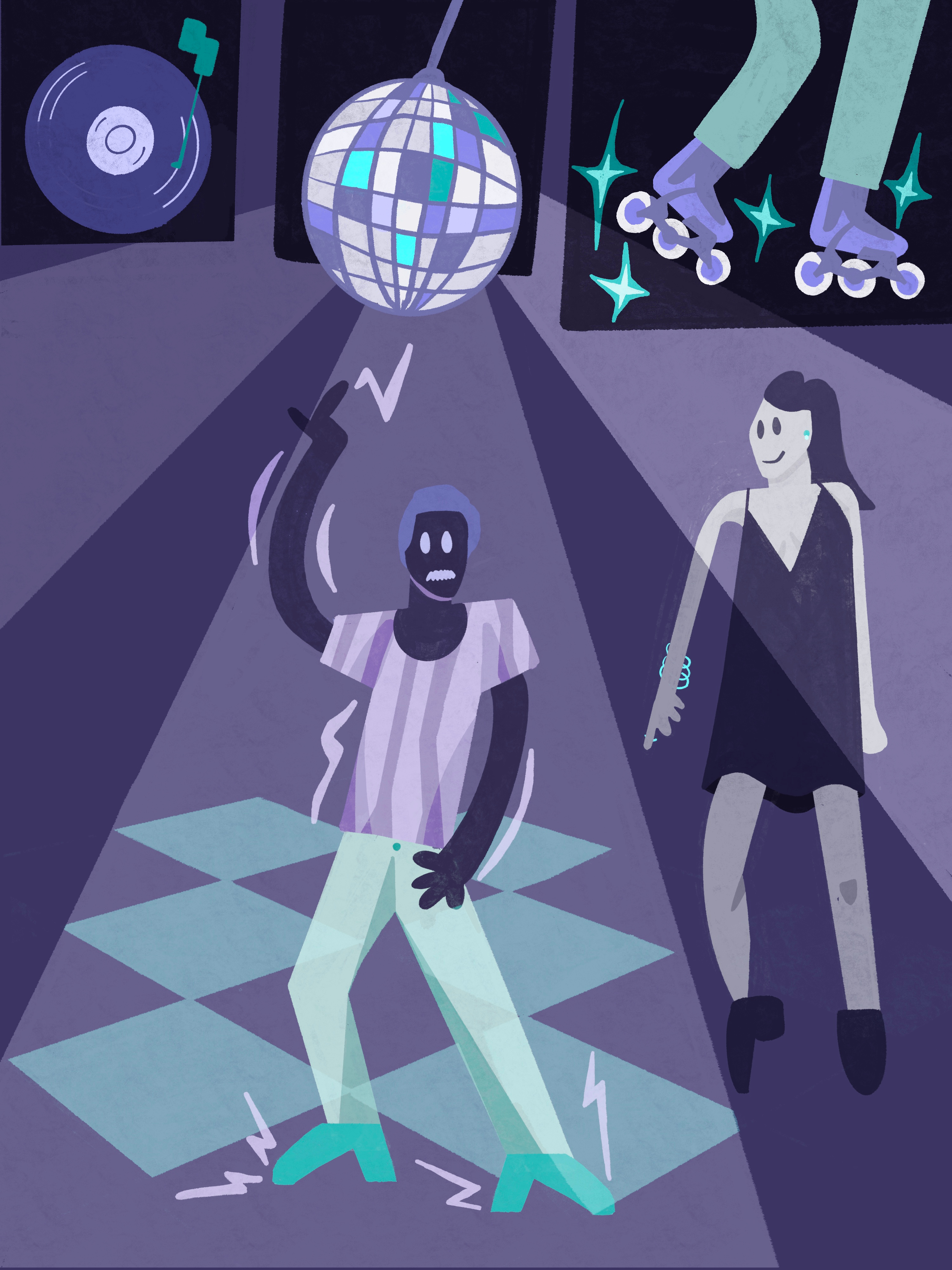 Disco Dancing 80s art direction article character character design colorful dancers dancing design disco discotheque eighties flat design funny illustration procreate scene illustration