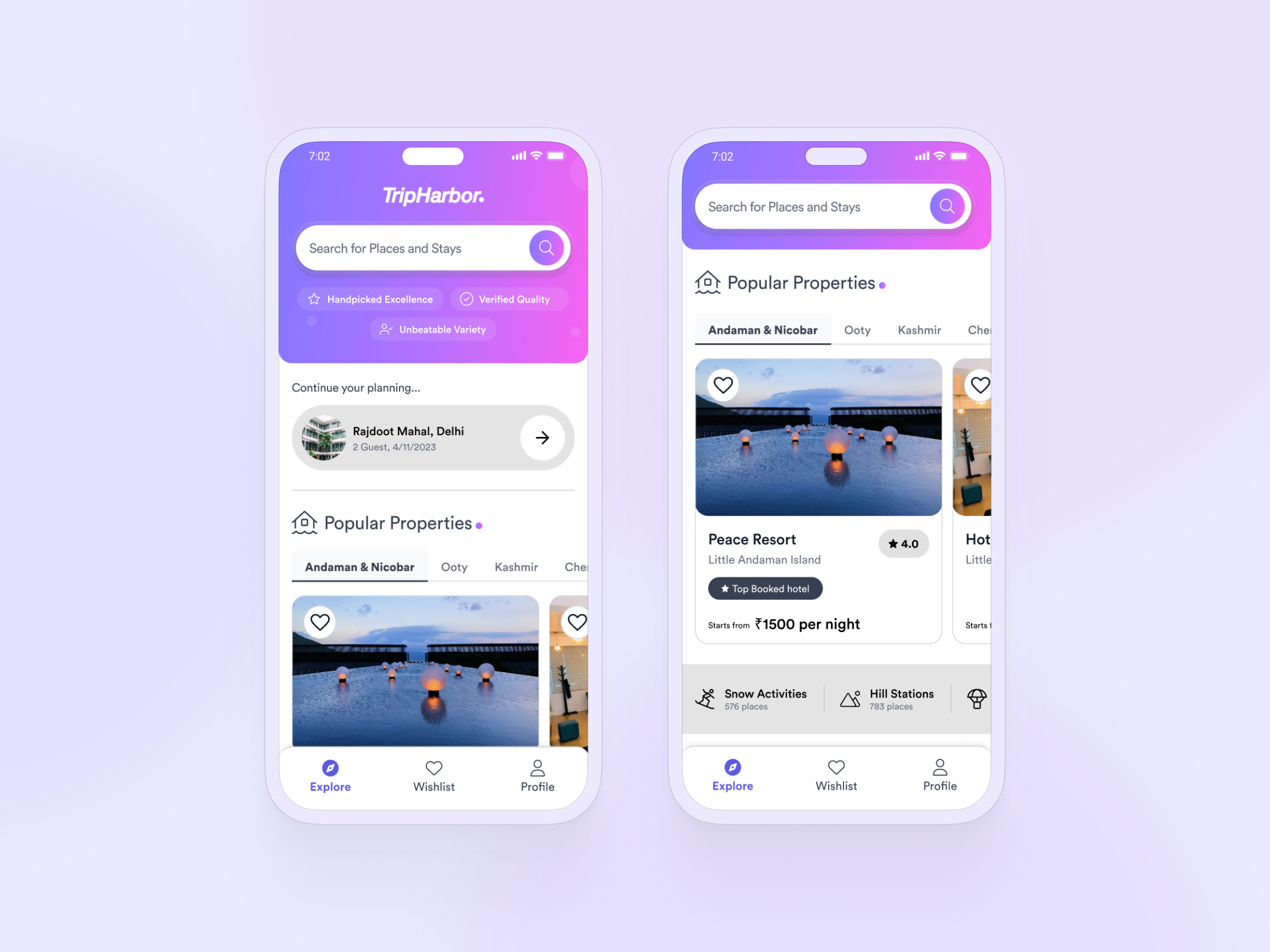 Sleek, Stylish App landing page Design accommodation booking aesthetic pleasing designs app landing page gradient theme mobile app design pink purple theme search stay booking tourist app travel travel app tripharbor ui ui design