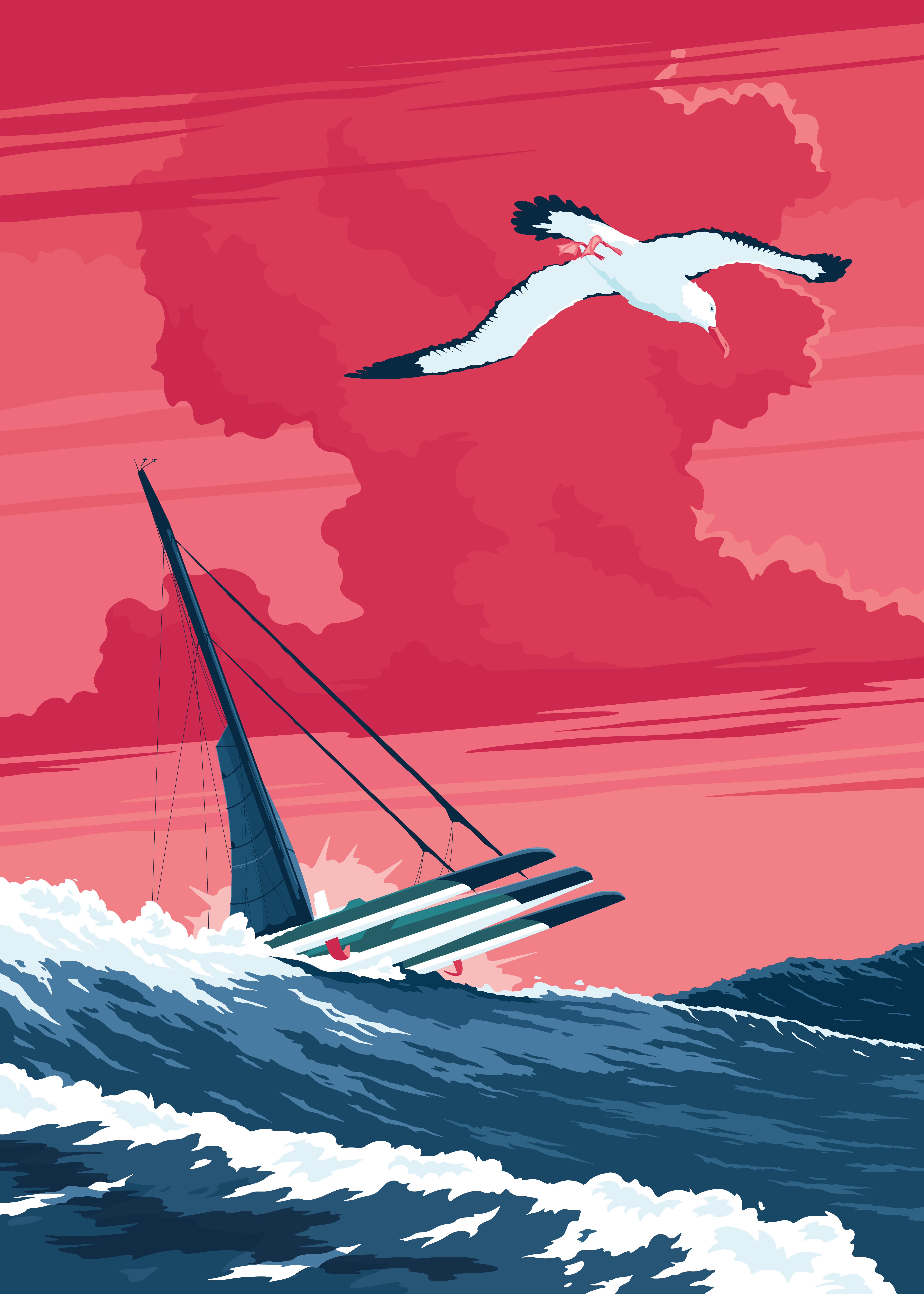 Dunes II bird boat flat illustration offshore sail sailing sea storm trimaran ultim vector wave