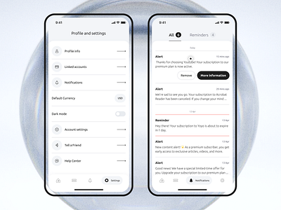 The Settings and Notifications in Subscription App app design design mobile app ui ux