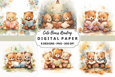 Cute Bears Reading Watercolor Background tumbler wrap