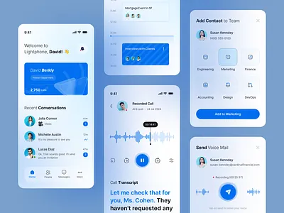 Blue Lightphone - Communication App add contact audio player blue app calendar app call call recording call transcript chat collaboration communication app component set conversation date picker design system flutter app meetings messenger app recroding schedule voice