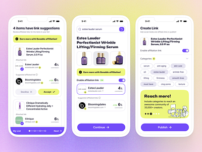 Reach more, Earn more: Concept app for link sharing app bold clean design illustration minimal mobile navigation neon pills search typography ui
