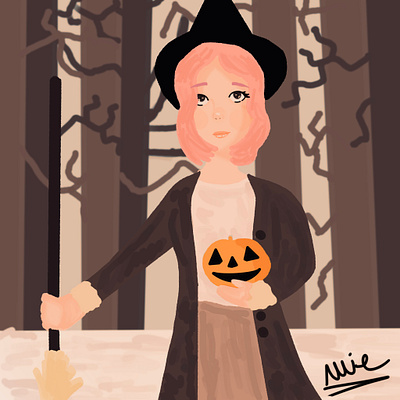Halloween witch girl 2d cartoon art design illustration portrait