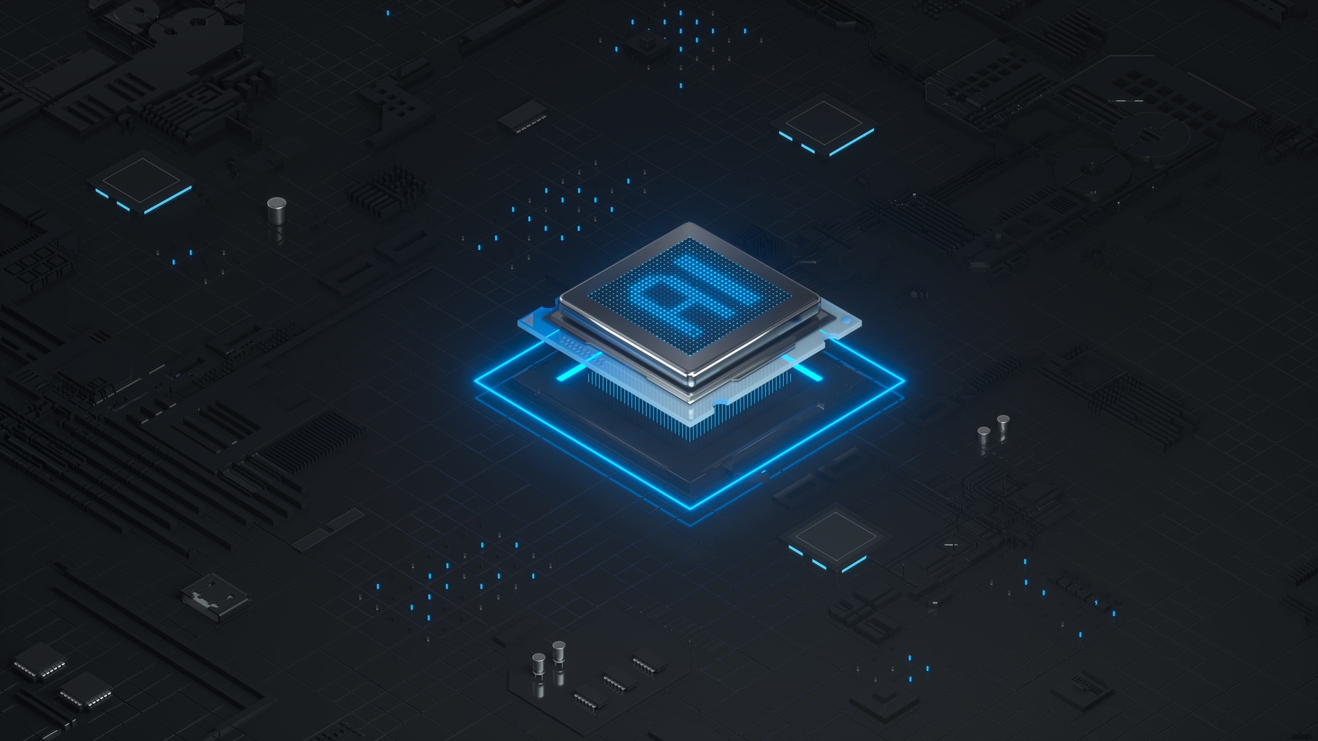 Example of C4D Octane CPU chip core capacitance Scifi Circuit board