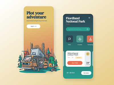 Travel Adventure App adventure app campervan camping hiking illustration ios plan product design travel treking ui uiux ux vector volkswagon web app