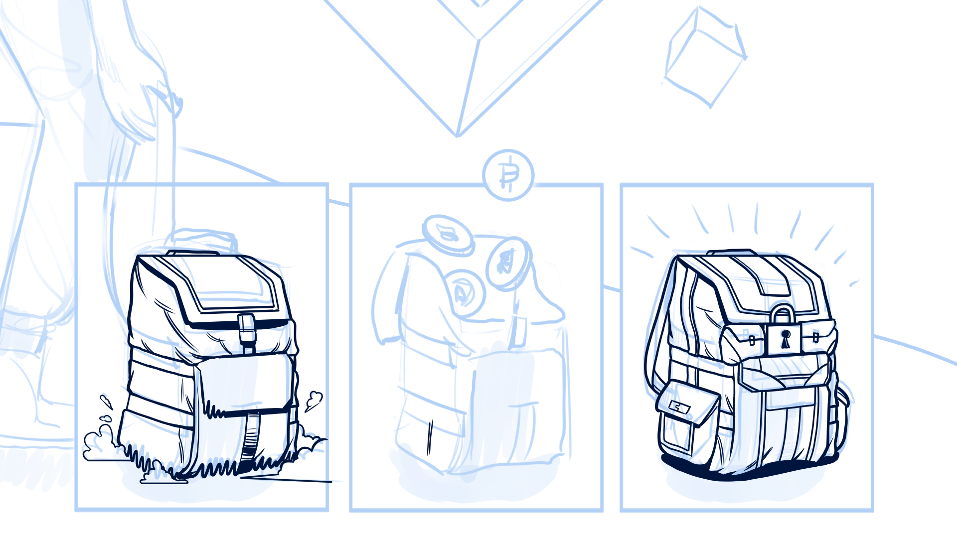 Campaign Sketches backpack blockchain bts clip studio paint concept concept art crypto draft drawing ink sketch storyboarding
