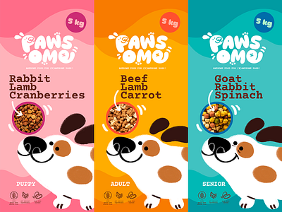 PAWSOME - dog food packaging design animal brand identity branding colors cute design dog dog food graphic design illustration label logo packaging pets