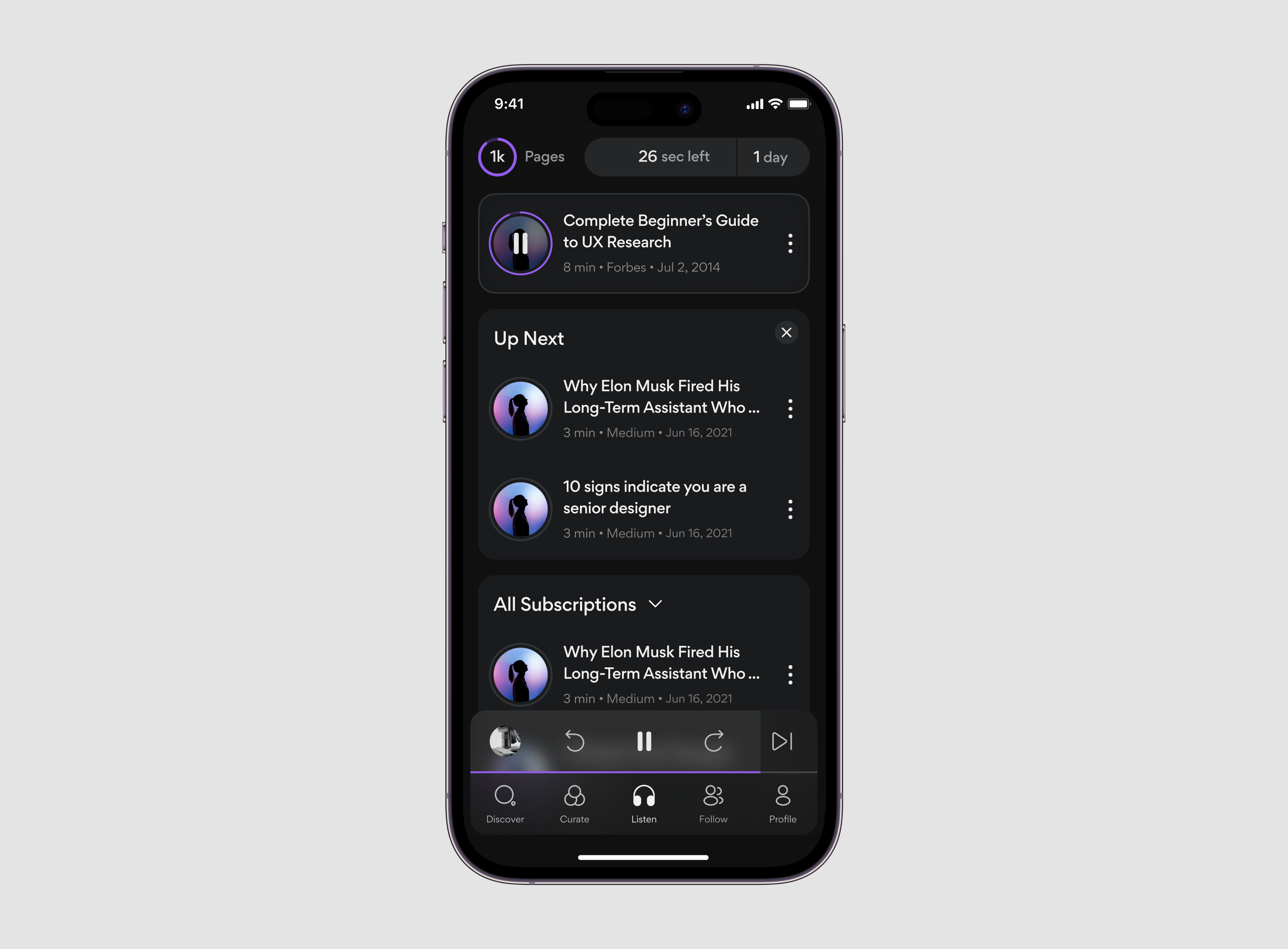 Expercast dark mode education ios listening app minimal product design text to speech ui ux