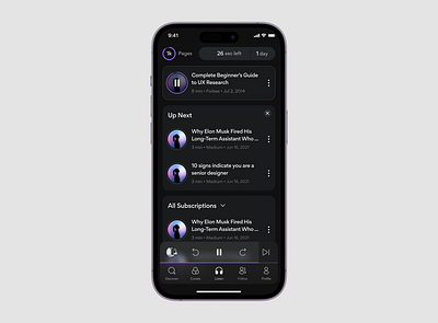 Expercast dark mode education ios listening app minimal product design text to speech ui ux