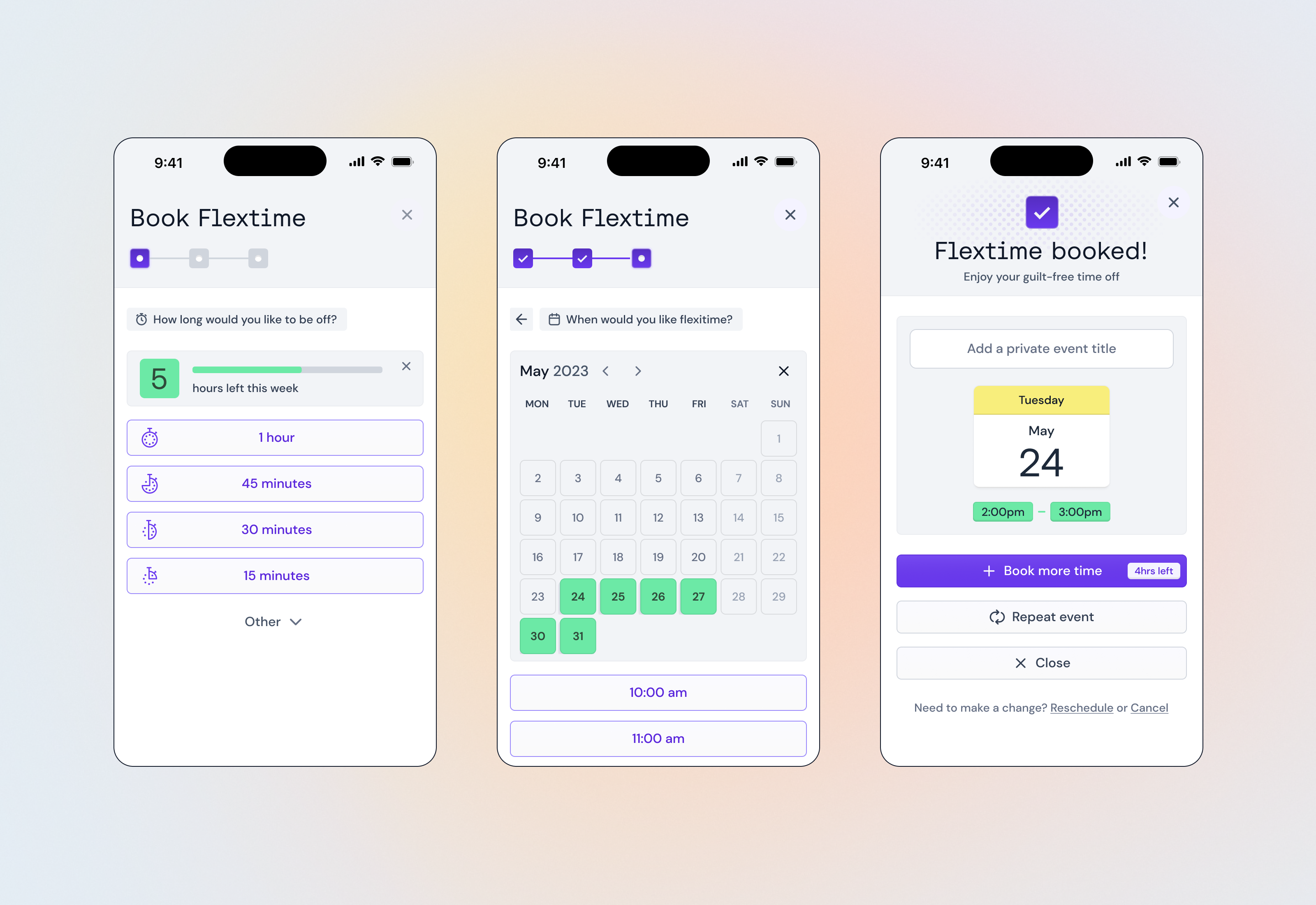 Multi-step event booking app activity b2b booking calendar event flexitime flextime green mobile purple saas ui ux