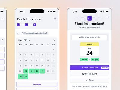 Multi-step event booking app activity b2b booking calendar event flexitime flextime green mobile purple saas ui ux