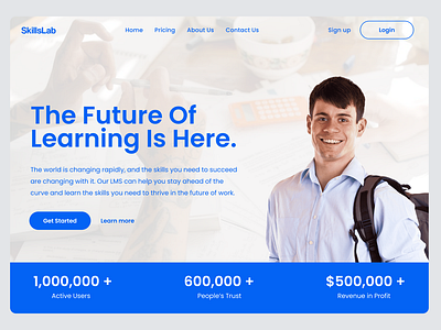 Learning Management System app blue branding design graphic design hero illustration landing page learn learning logo simple subtle system typography ui ux vector