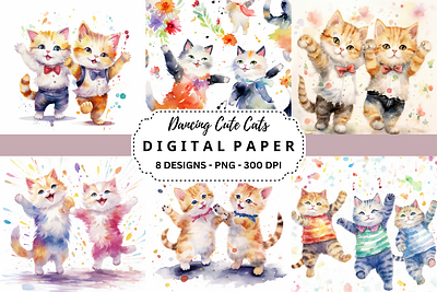 Dancing Cute Cats Watercolor Background tumbler wrap