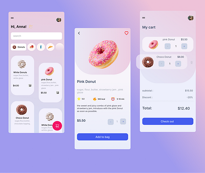 Donuts Screens - UI Task app checkout design donuts ui vector