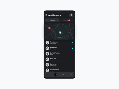 Connnect App channels chat communication dark theme incidents ios map menu minimalist design mission critical mobile navigation safety security ui