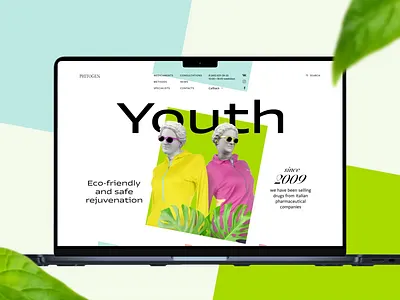 Phitogen — landing for event about the means to maintain youth aesthetic medicine animation cosmetics event landing page leaves marketing medicine skin care statues typography youth