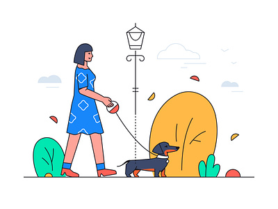 Girl walking a dog - flat design style illustration autumn character design dog flat design illustration park pet style vector