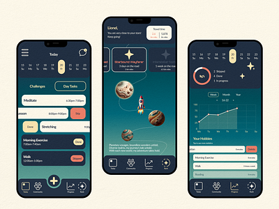 Cosmic Habit Journey aestetics ai app blue calendar cosmos design game habit illustration interface mobile motivation ui universe ux