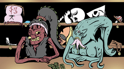 "Mutant Mart" Drawlloween 2023 animation animator cartoon dead halloween illustration illustrator independent film monster mutant skulls zombie
