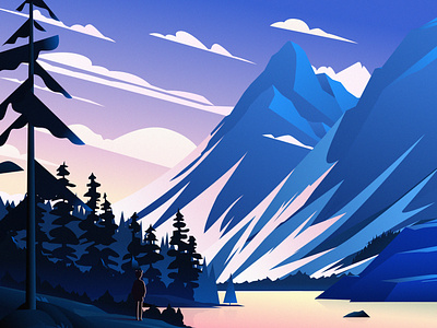 forest light art blue blue sky cloud design forest forest park illustration lake mountain people pink sky snow snow mountain stone sunset tree yellow