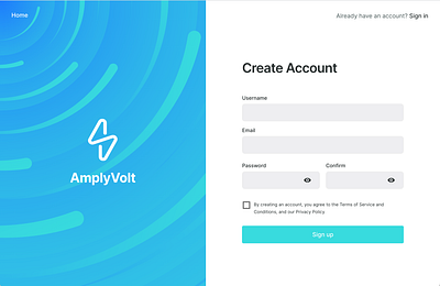 Sign Up / Login Screen · AmplyVolt canvas create account dashboard form illustration interface design log in login logo sign in sign up split layout submit ui design ux design website