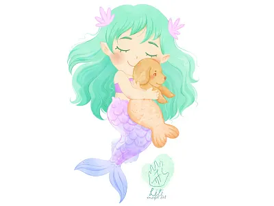 Little Mermaid and the Fishdog cartoon cgart character characterdesign children cuteart design digitalartist dog fish dog illustration kids magical mermaid puppy sea