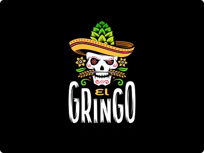 El Gringo | Logo Design beer beer logo branding brewery brewery logo colorful logo double meaning día de los muertos flower halloween hat hop latin design logo logo design mustache skull sombrero typography wheat