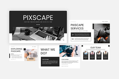 Pixscape Photography Presentation black white branding design graphic design monochrome photography pitchdeck pixel powerpoint ppt presentation ui