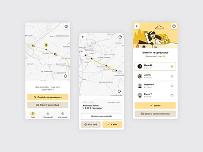 Carpooling mobile app android app application button car carpool ecology list m3 map material menu mobile radio road selector step stop tab ui
