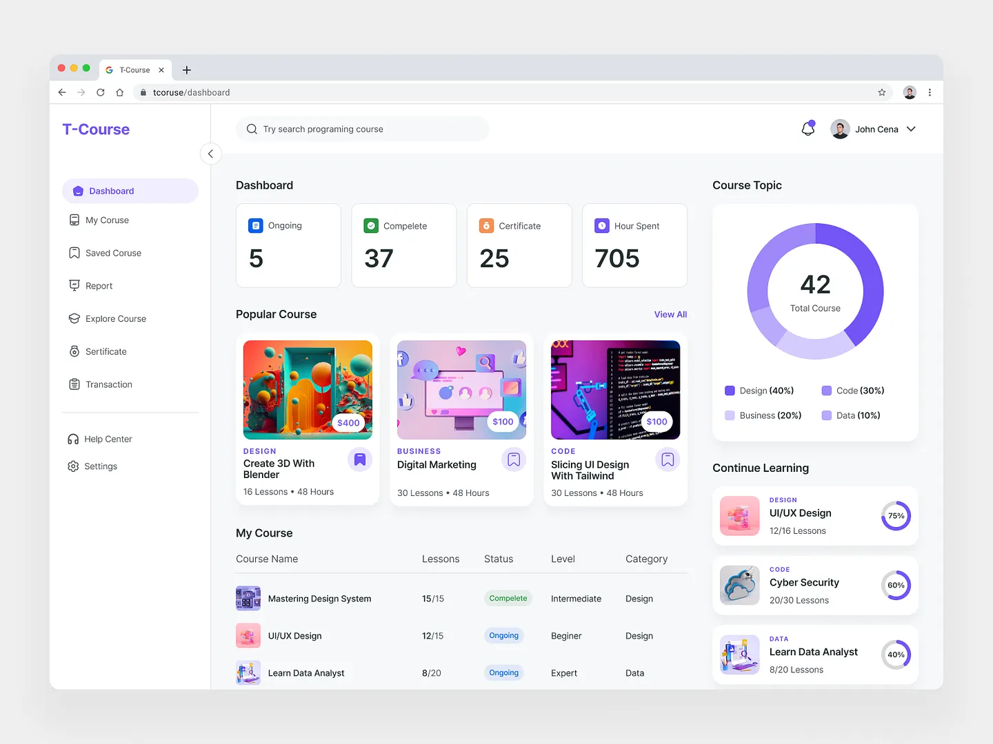 T-Course: A Modern Online Course Website Dashboard