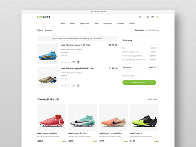 FutShop - Cart app carousel cart clean ecommerce football football shoes logo minimalist shop summary ui ux web design website