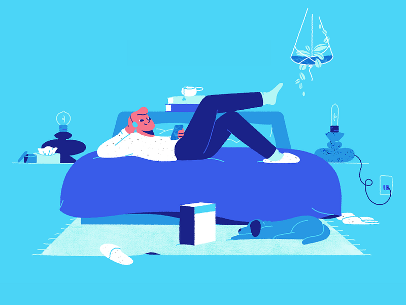 Bedroom styleframe bed bedroom character character design chilling decor dog explainer video home illustration man phone texture