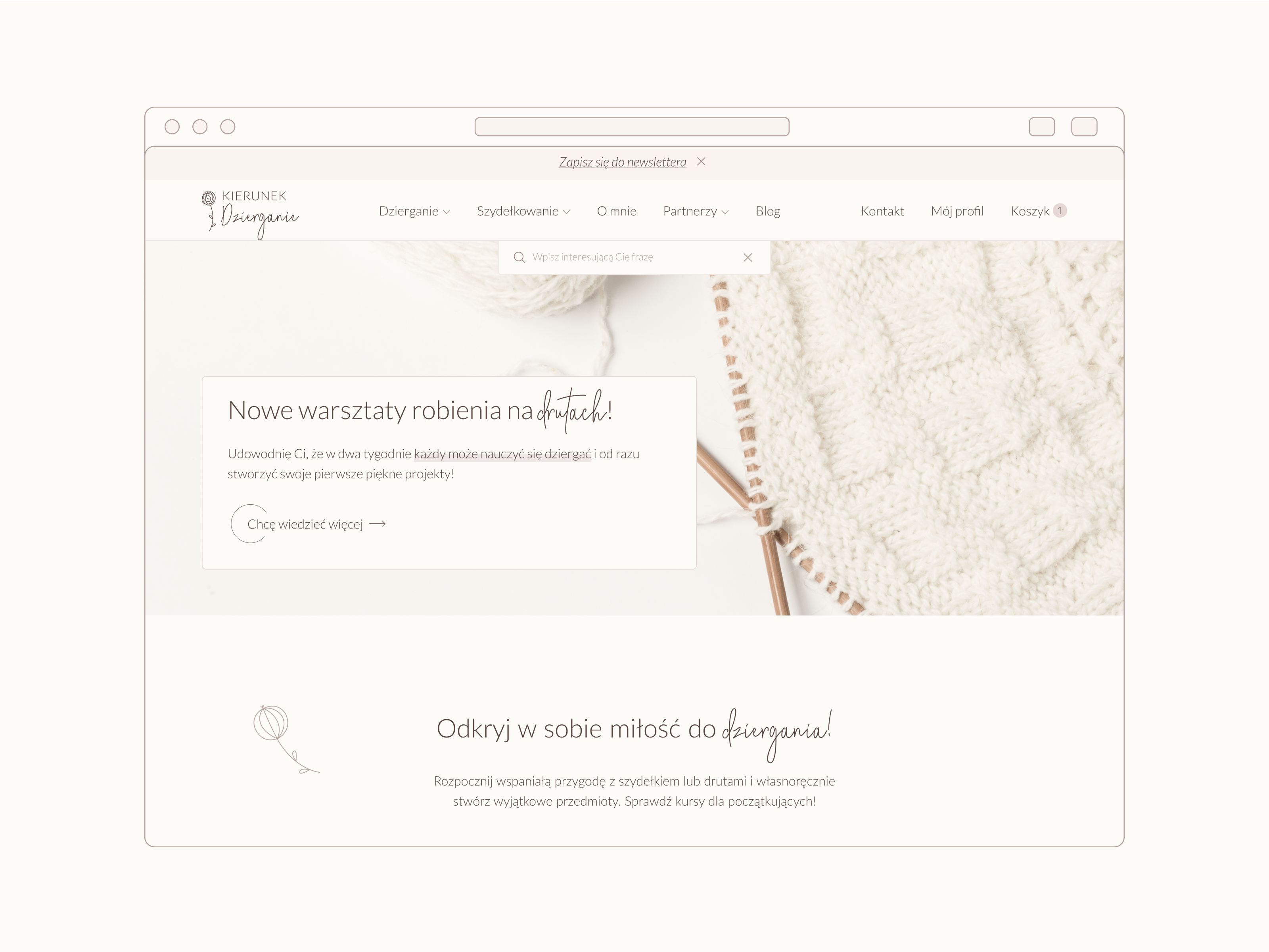 Kierunek Dzierganie Website Design boho brand identity branding case study cozy ecommerce femine flowers graphic design handmade handwritten herosection knitting landing page logo ui ux vector web design website