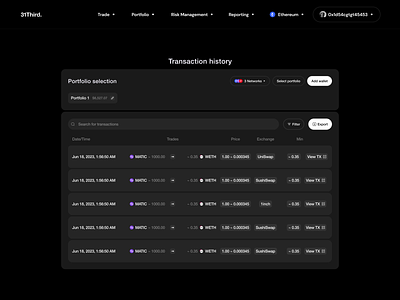 Transaction history - 31Third crypto crypto exchange decentralised exchange design dex multi asset swap portfolio transaction history ui web3