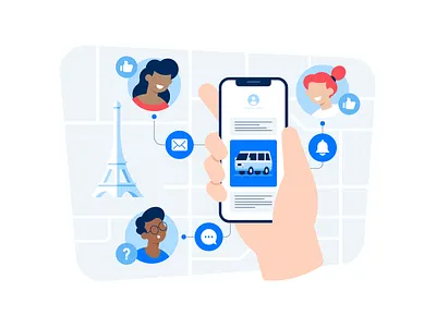 Curated Planet - Omnichannel app bell character eiffel tower flat hand icon illustration like map message navigation notifications smartphone thumbs up ui vector vehicle