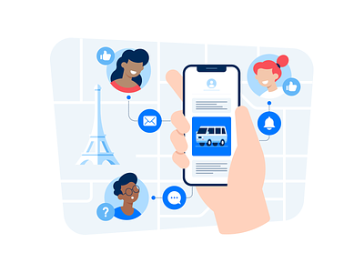 Curated Planet - Omnichannel app bell character eiffel tower flat hand icon illustration like map message navigation notifications smartphone thumbs up ui vector vehicle