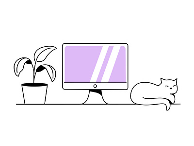 Workspace, at the office, iMac and cat, illustration for the web black and white cat computer cute drawing flat illustration imac laptop line drawing lineart luxury minimal modern offuce plant saas sophisticated tech vector