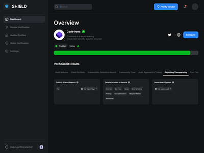 Third Party Vendor Verification - Reporting Transparency crypto dashboard design third party vendor verification ui web3