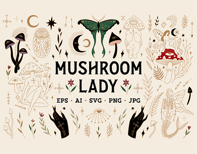 Mushroom Lady Bundle art bundle clipart dark design doodles download flash sheet groovy halloween illustrations lady modern mushroom spooky tattoo trendy vector witch witchy