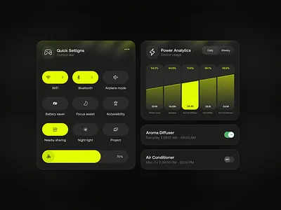 Smart Home Brand - Dashboard Cards component control bar control card dark theme dark ui design system product design settings card smart home smart home component smart home dashboard statistic card switch ui ui dashboard ui kit