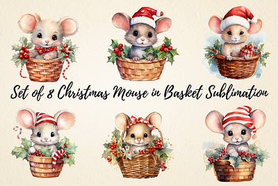 Christmas Mouse in Basket Sublimation commercial use art