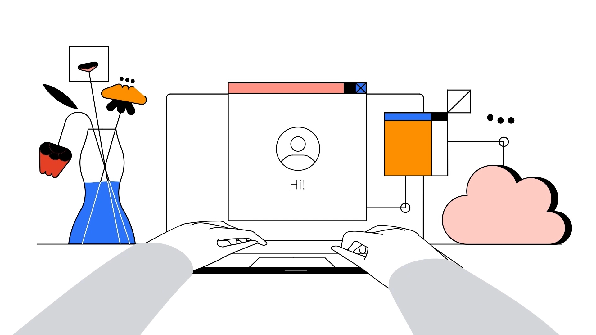 Google 2d animation arm character cloud fingers flat flower flowers google infographics interface laptop web