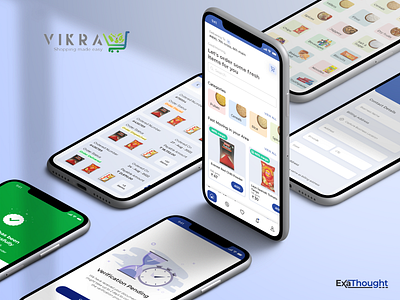 VIKRAY - Connecting retailers to Distributors | B2B | Food App. android app blue bundle design e commerce empty state exathought food app home home screen login mobile monochromatic shipments success ui ui ux vikray wholesale