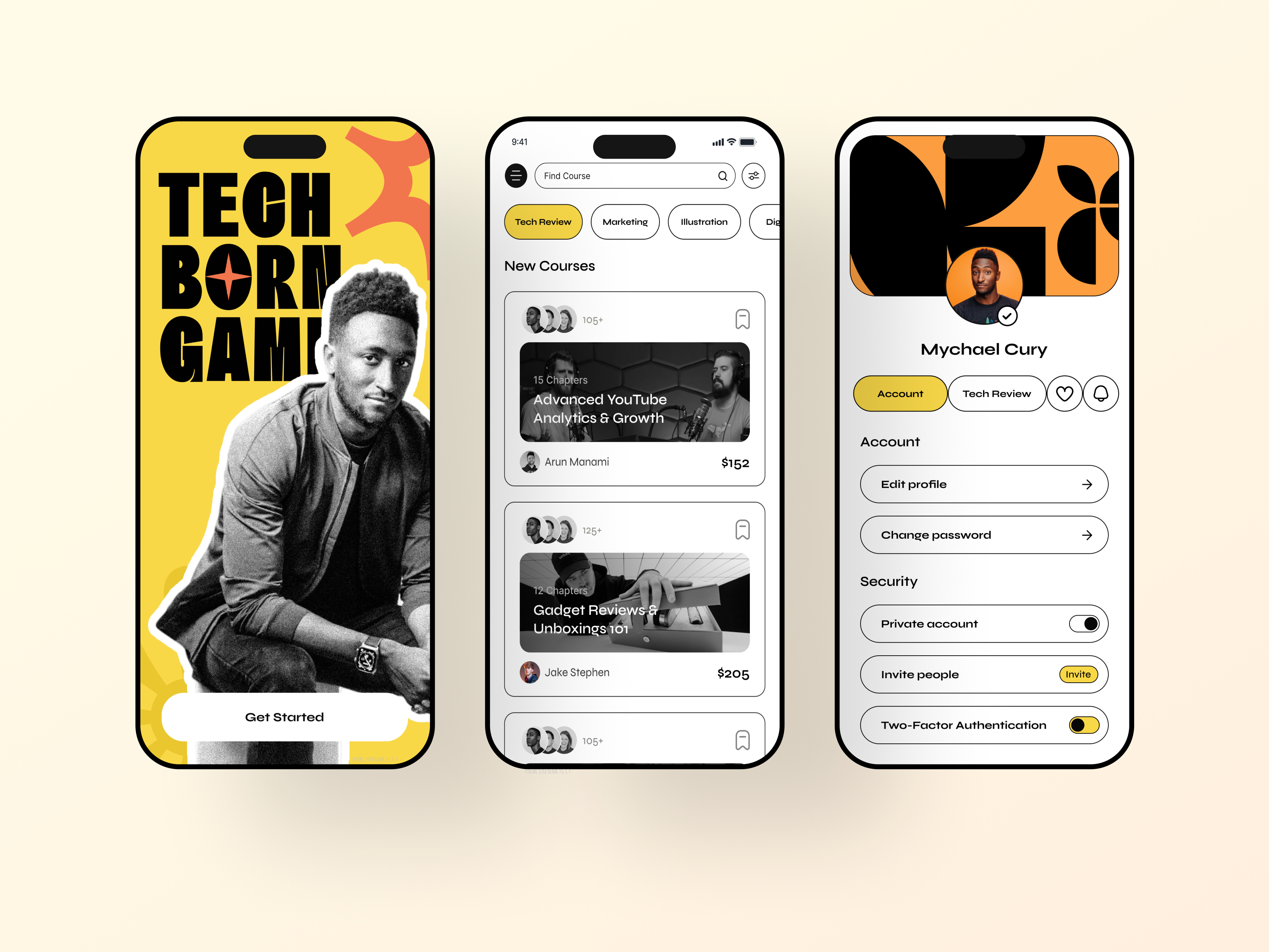 Tech Born - YouTube Course Mobile App 3d app course design invite screen logo profile school setting tech ui ux video app website youtube