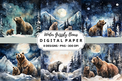 Winter Grizzly Bears Watercolor Background tumbler wrap