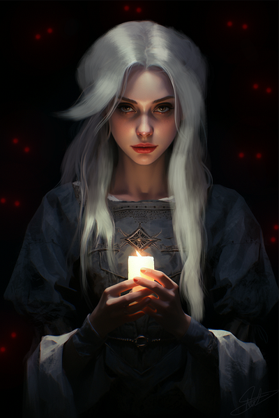 A girl with a candle in the dark 2d art illustration