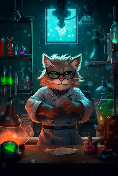 Mad Scientist Cat 2d art illustration