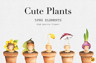 Watercolor of Cute Plants Clipart graphic design
